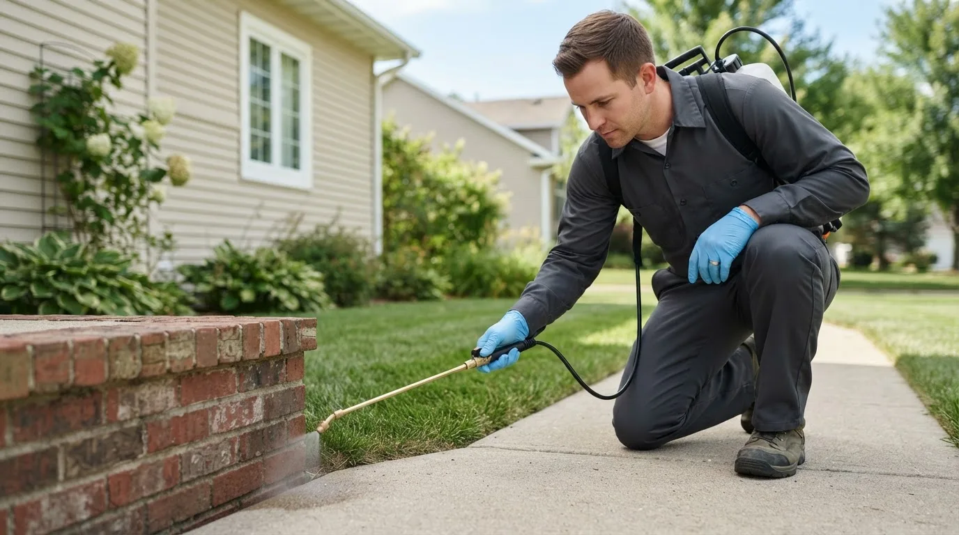 Pest control technician treating a home near Colfax, WI