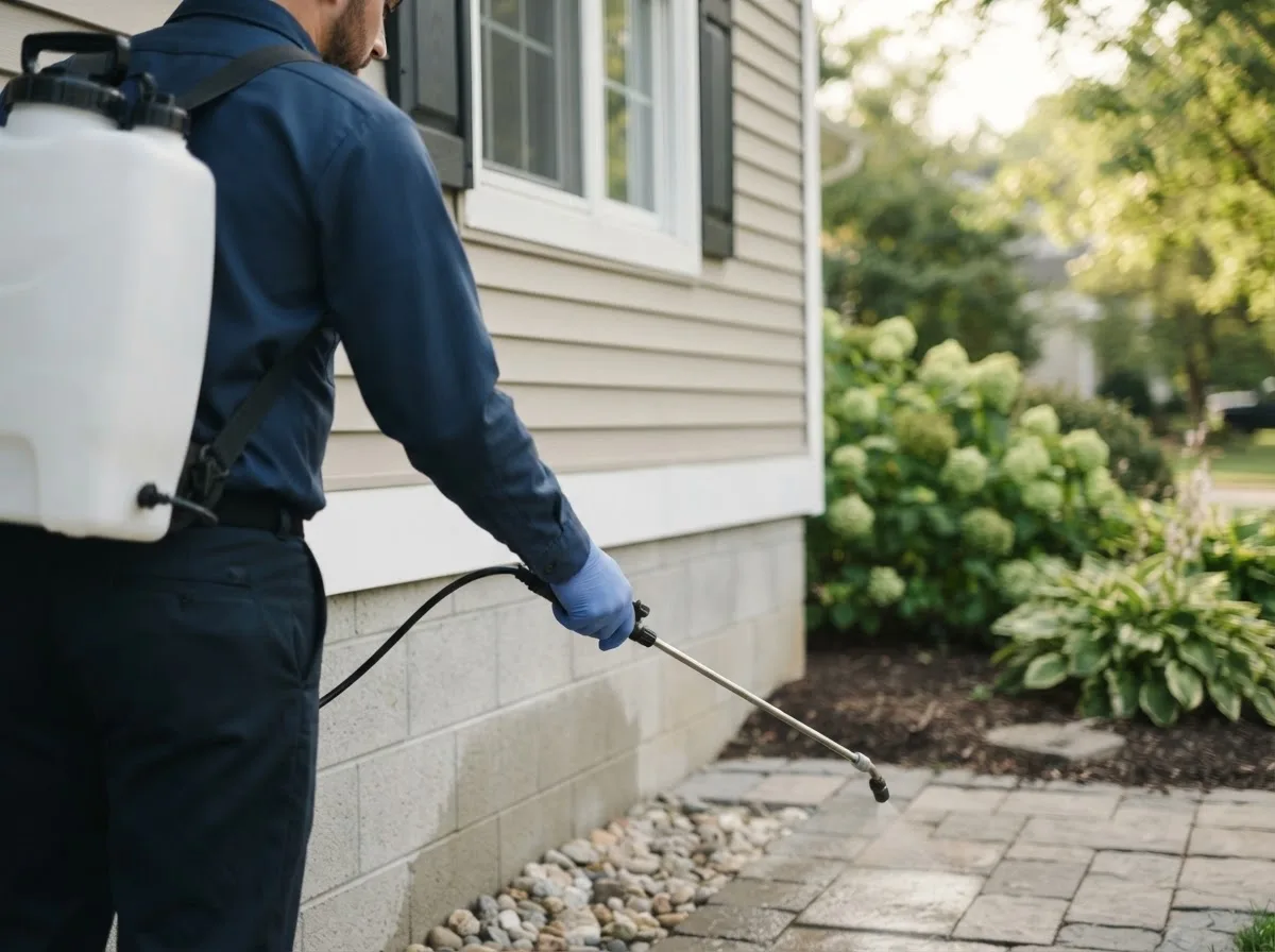 Pest control technician inspecting a home in Colfax, WI